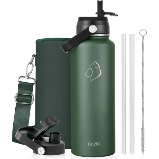 Buzio Duet Series Water Bottle with 2 Lids and Sleeve 1.2L - Dark Green